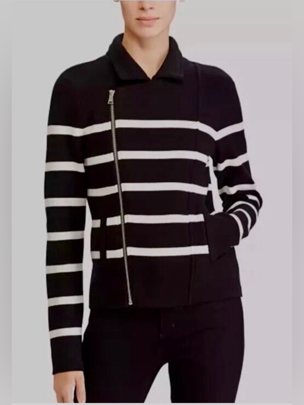 EUC LAUREN RALPH LAUREN Moto Stripe Zip Cotton Sweater L Black/White Worn 1x!